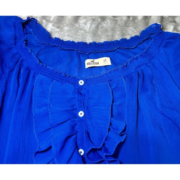 Hollister Womens Size XS Blue Ruffle Peasant Blouse Y2K Boho Smocked Waist Sheer - Picture 6 of 13